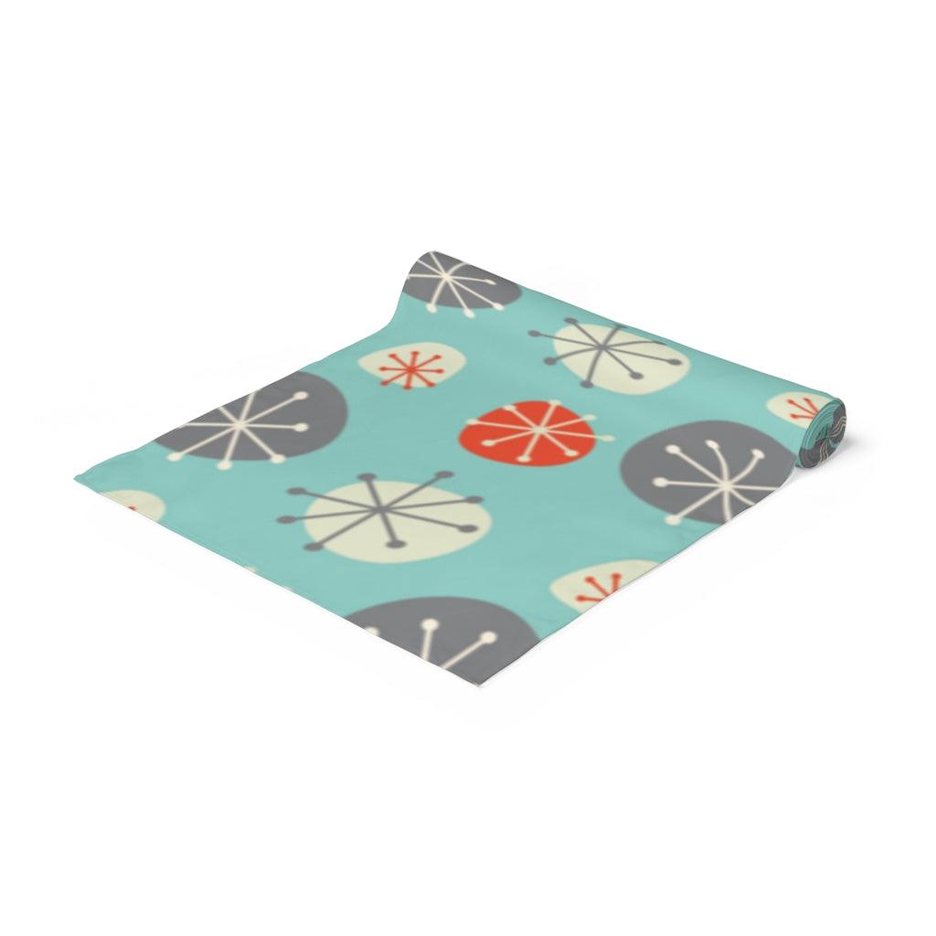 Mid Century Mod Christmas Table Runner, Blue, Grey and Orange Starbursts | lovevisionkarma.com