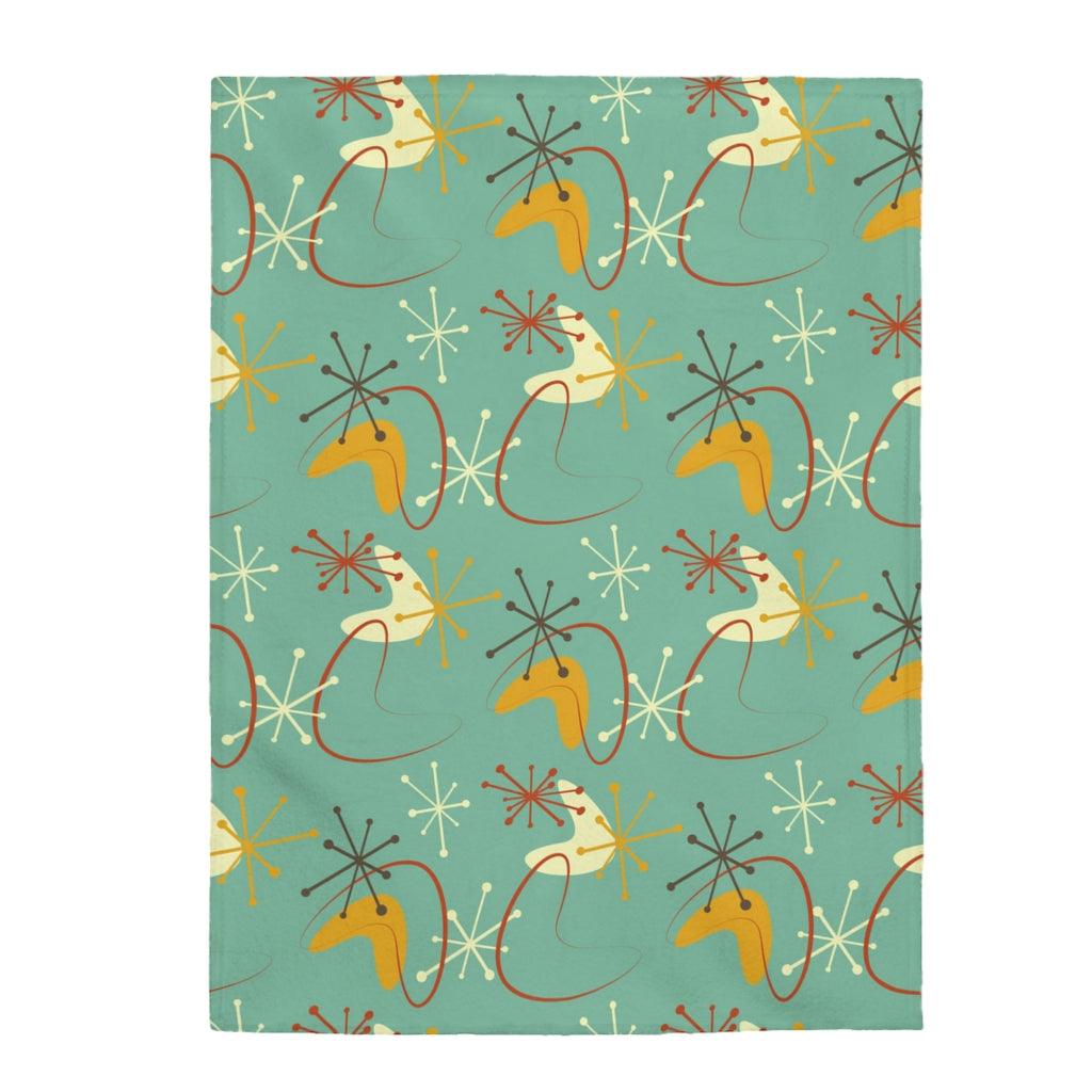 Atomic Burst and Boomerang MCM Blue and Mustard Lightweight Velveteen Blanket | lovevisionkarma.com