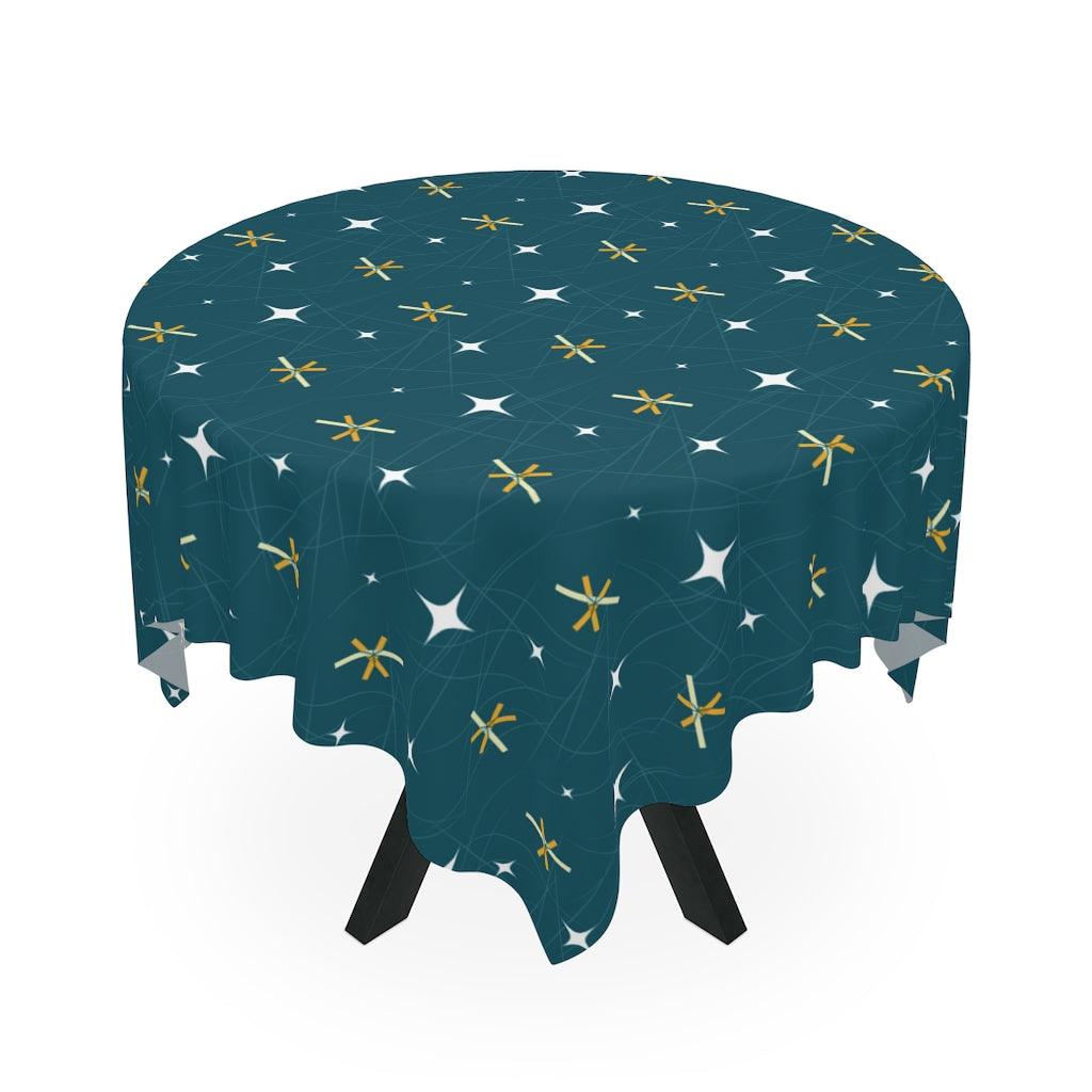 Mid Century Mod Atomic Bursts and Stars Dark Blue Tablecloth | lovevisionkarma.com