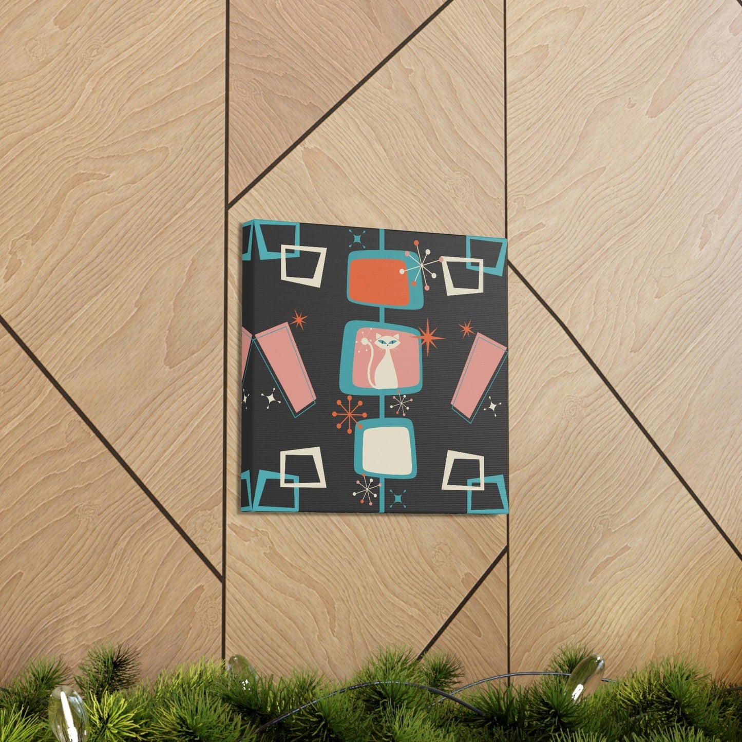 Mid Century Atomic White Cat & Starburst Multicolor Canvas Gallery Wrap | lovevisionkarma.com