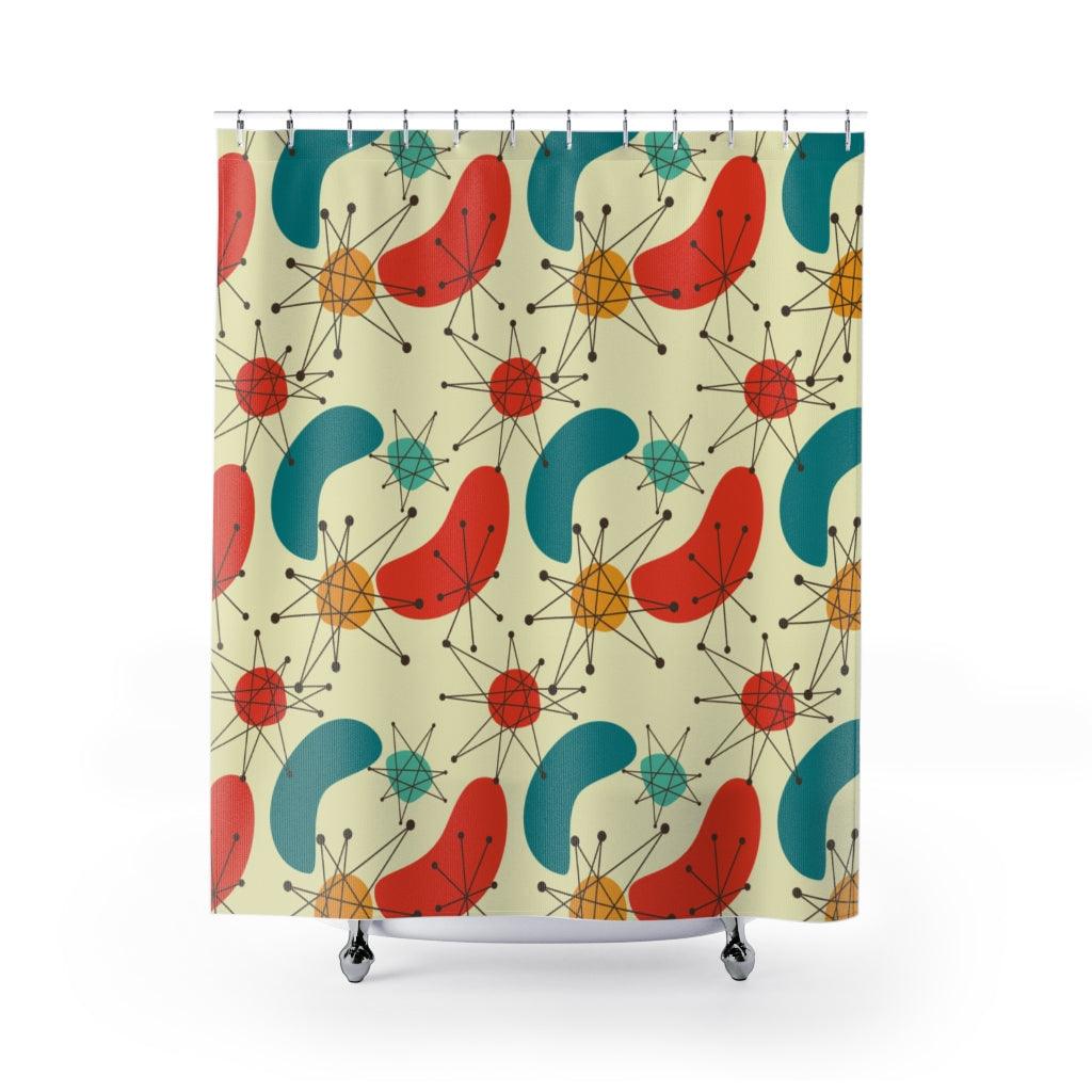 Retro Atomic Boomerang 50s 60s Mid Century Blue & Orange Shower Curtain | lovevisionkarma.com