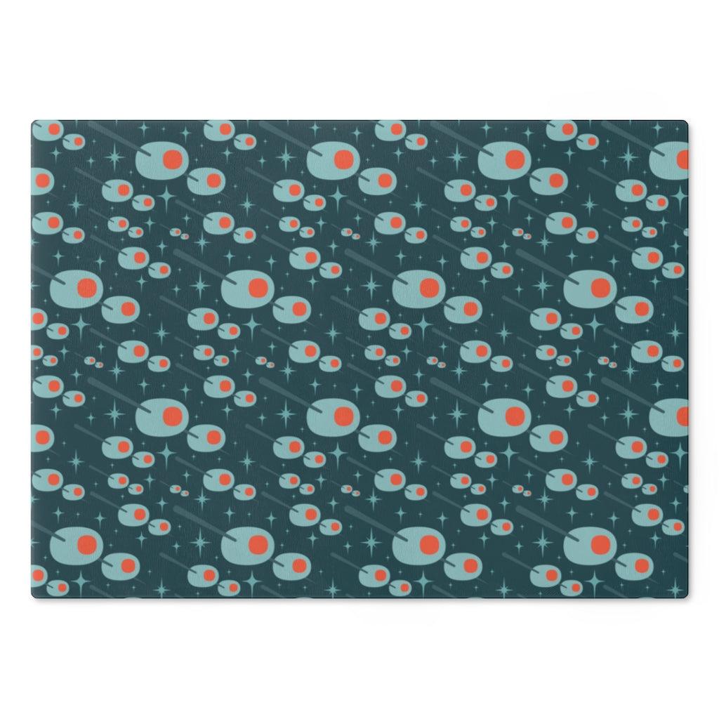 Atomic Olives Mid Century Modern Blue Glass Cutting Board | lovevisionkarma.com