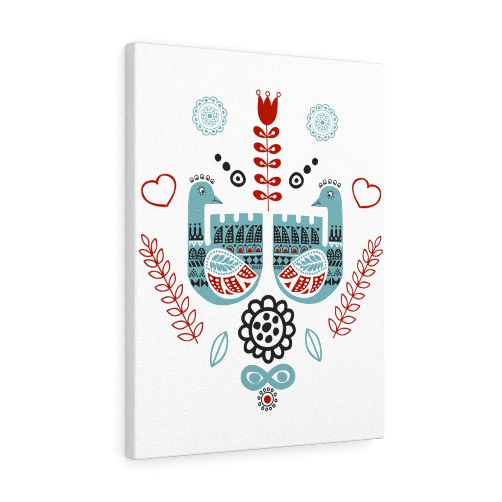 Scandinavian Nordic Folk Art Blue & Red Love Birds Canvas Gallery Wrap | lovevisionkarma.com