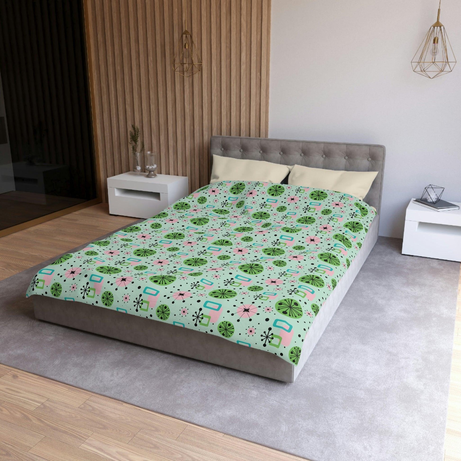 Retro 50s Atomic Burst Mid Century Mod Green, Pink & Blue Duvet Cover | lovevisionkarma.com
