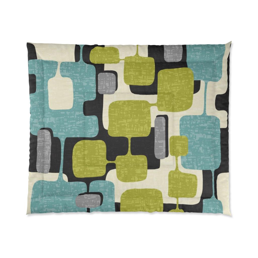 Retro Mod Abstract Green, Blue and Black MCM Comforter | lovevisionkarma.com