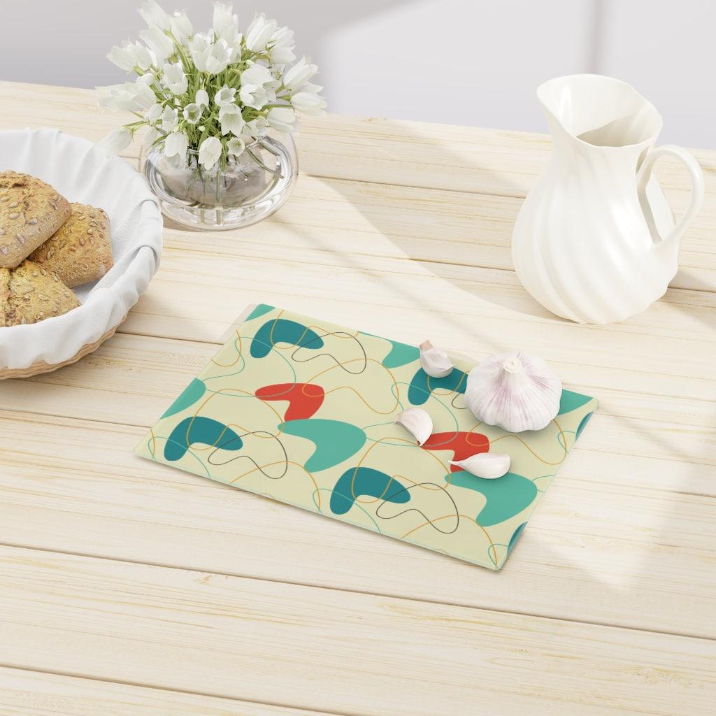 Mid Century Atomic Boomerang Blue/Cream Glass Cutting Board | lovevisionkarma.com