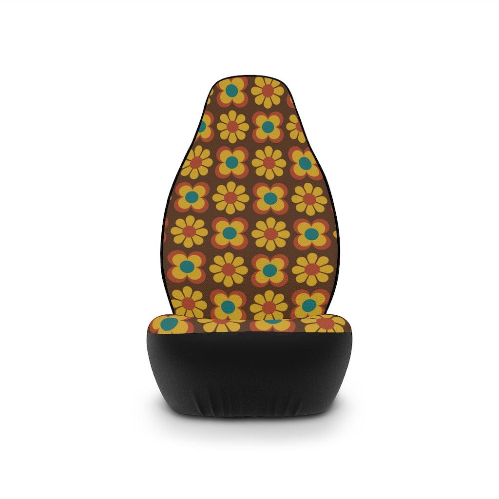 Retro Groovy Flowers Brown & Mustard MCM Car Seat Covers | lovevisionkarma.com