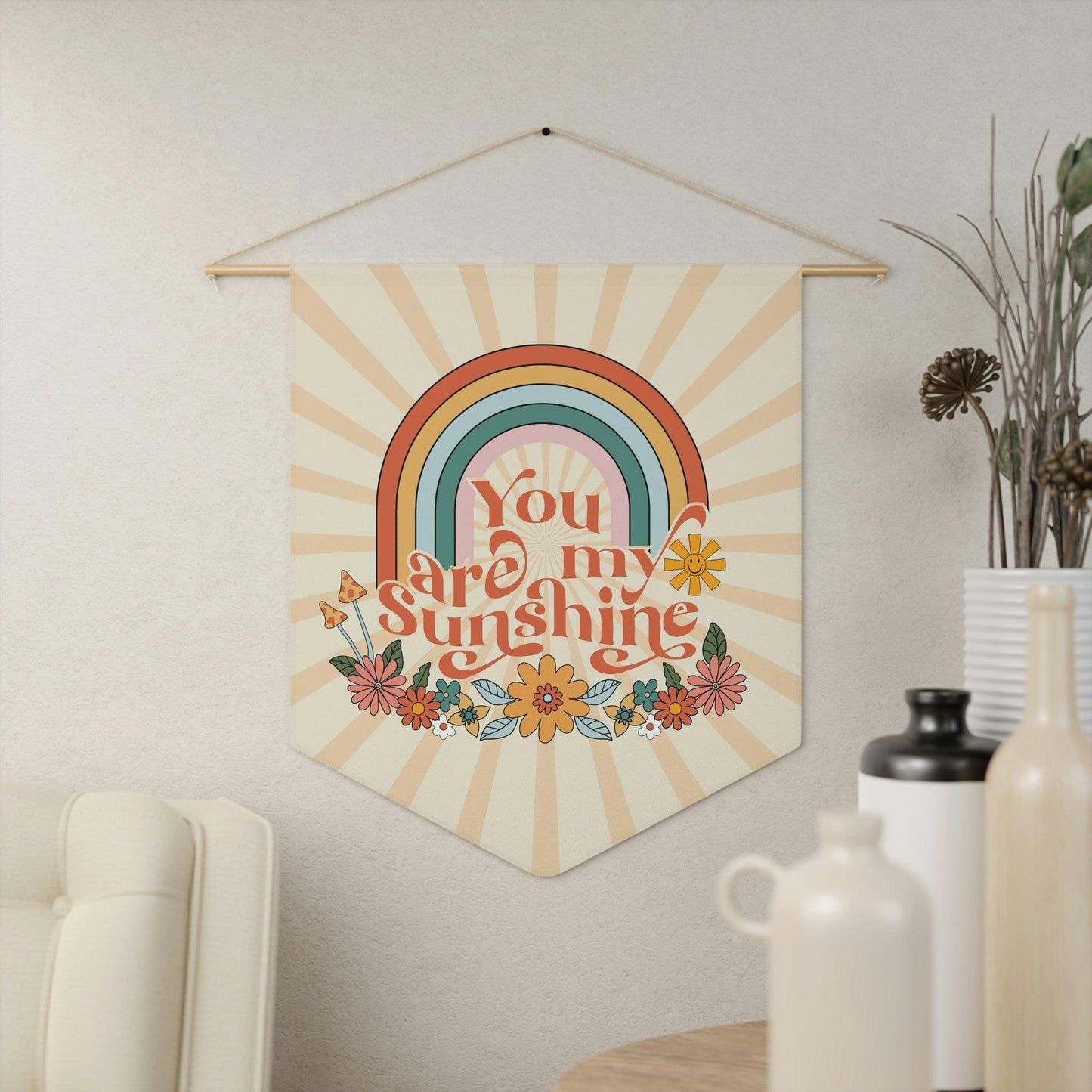 Groovy Retro "You are My Sunshine" Rainbow and Floral MCM Wall Pennant | lovevisionkarma.com