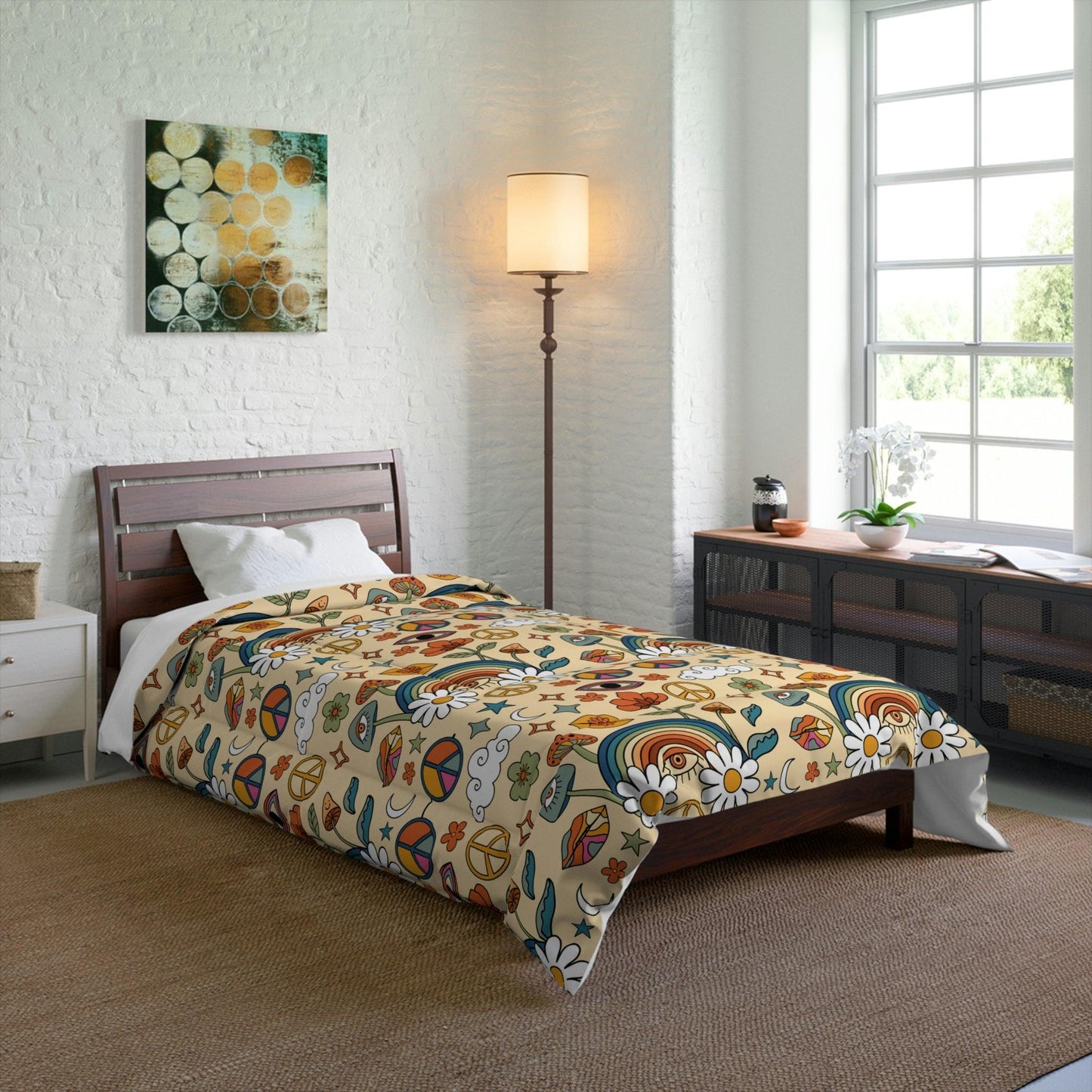 Boho Trippy Mushroom, Rainbow & Eye Hippie Cottagecore MCM Comforter | lovevisionkarma.com