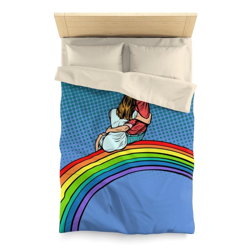 "Couple Sitting on Rainbow" Comic Pop Art Duvet Cover | lovevisionkarma.com