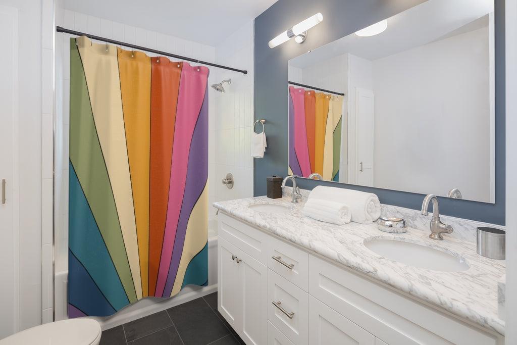 Retro Rainbow Burst Colorful MCM Shower Curtain | lovevisionkarma.com