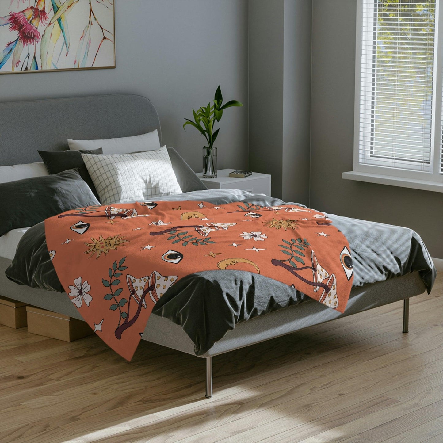 Boho Mushroom, Eye, Sun, Moon & Stars MCM Coral Orange Velveteen Minky Blanket | lovevisionkarma.com