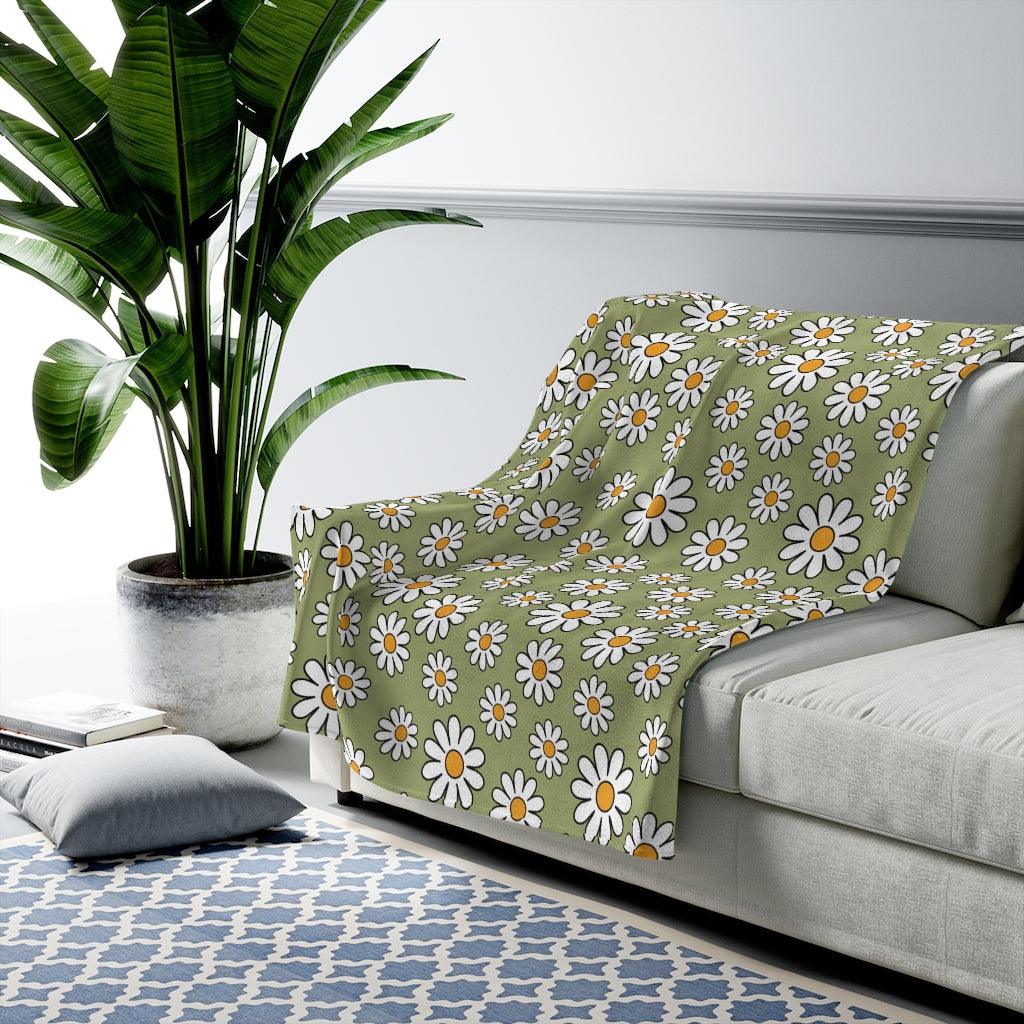 Retro Boho Daisies MCM Sage Green Velveteen Lightweight Blanket | lovevisionkarma.com