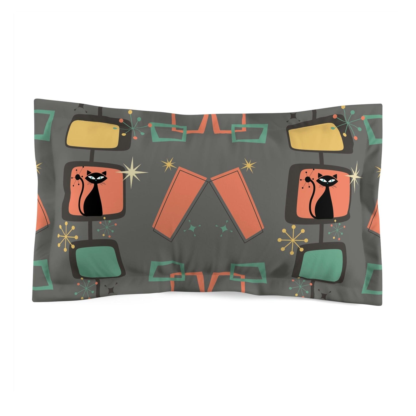 Retro 50s Atomic Cat, Starburst MCM Gray, Coral & Green Pillow Sham | lovevisionkarma.com