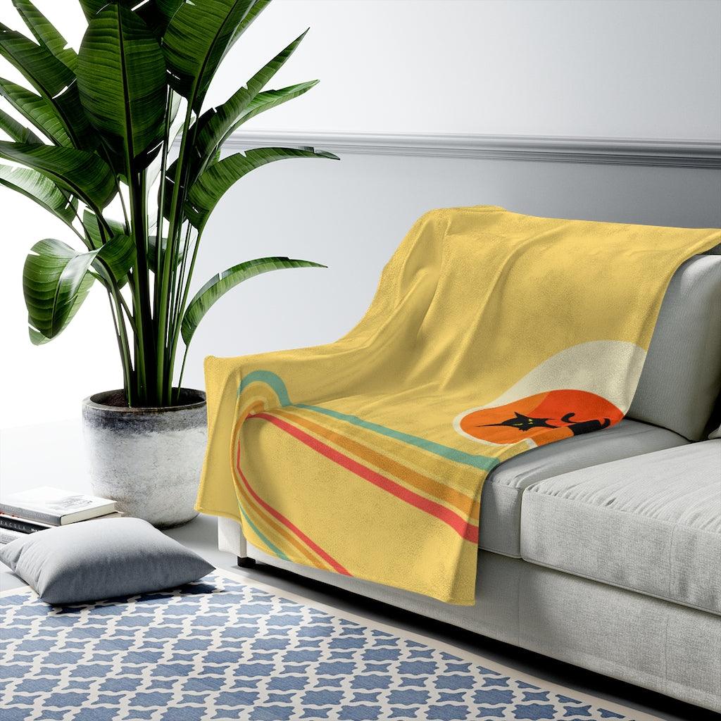 Retro Atomic Cat in Ball Chair MCM Yellow Lightweight Velveteen Blanket | lovevisionkarma.com