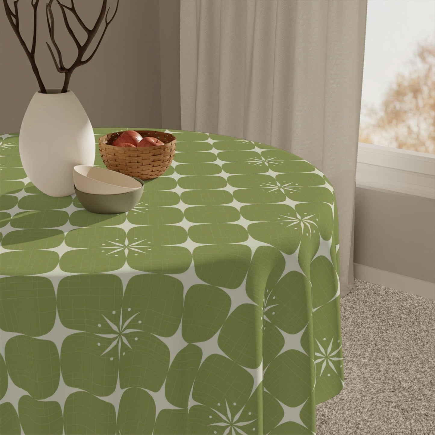 Retro 50s Atomic Starburst Geo Mid Century Green Tablecloth | lovevisionkarma.com