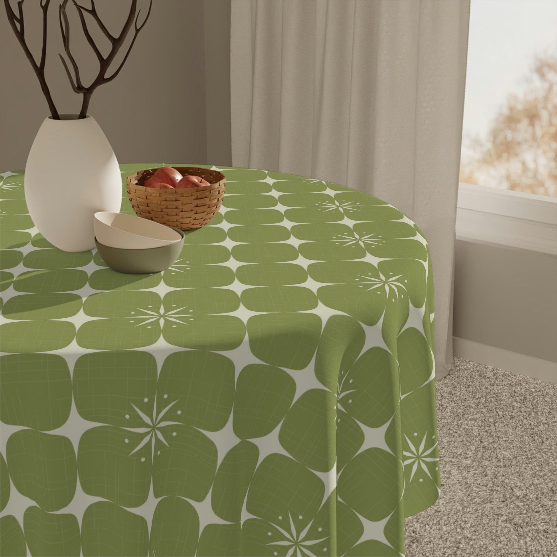 Retro 50s Atomic Starburst Geo Mid Century Green Tablecloth | lovevisionkarma.com