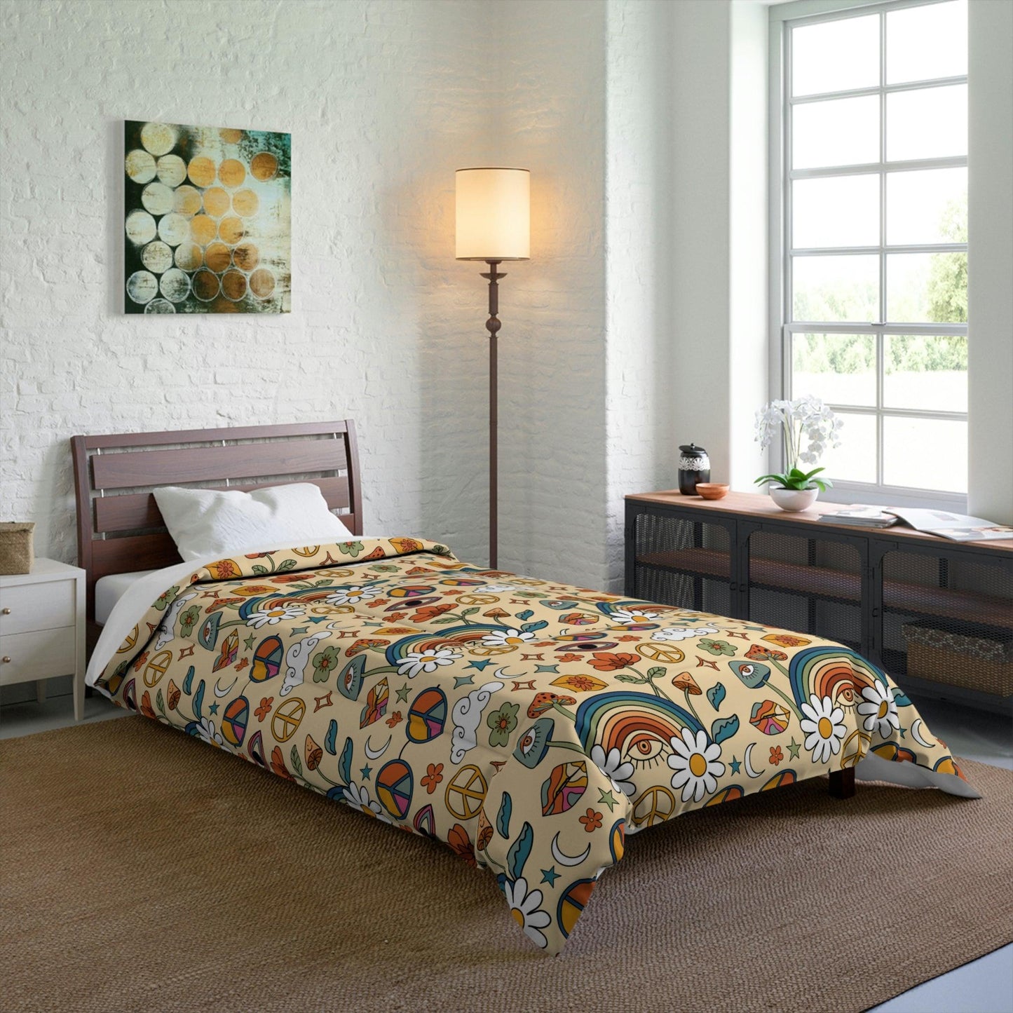 Boho Trippy Mushroom, Rainbow & Eye Hippie Cottagecore MCM Comforter | lovevisionkarma.com