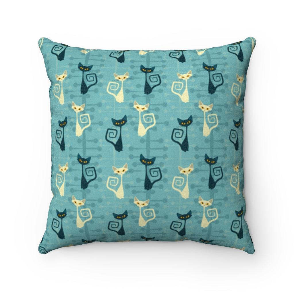 Atomic Kitty Retro MCM Blue Throw Pillow | lovevisionkarma.com