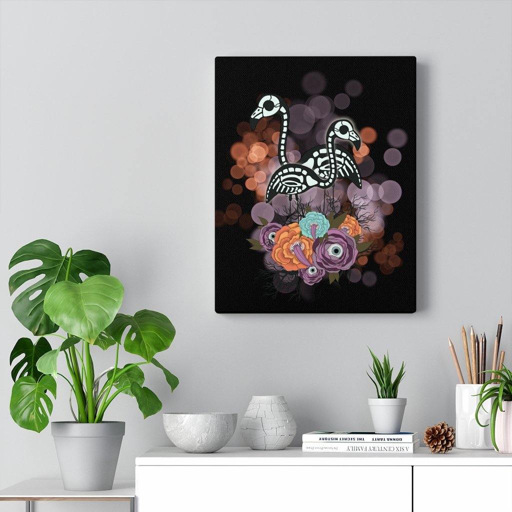 Spooky Skeleton Flamingos & Creepy-Eyed Flowers Canvas Art | Indoor Halloween Decor | lovevisionkarma.com