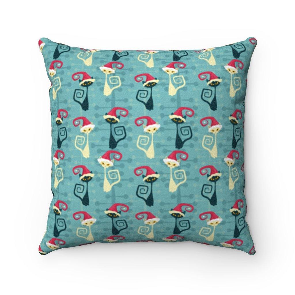 Retro Atomic Christmas Cats Mid Century Mod Blue Pillow | lovevisionkarma.com