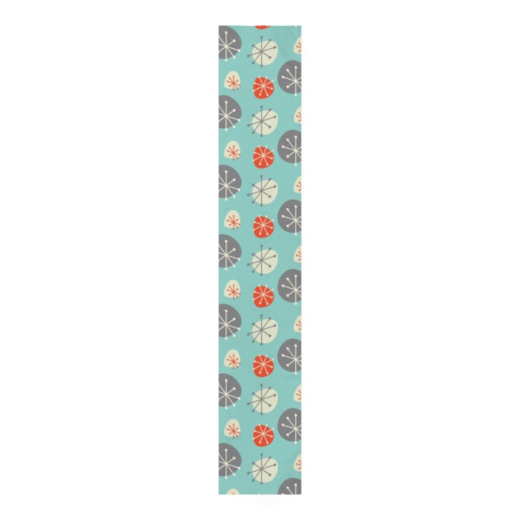 Mid Century Mod Christmas Table Runner, Blue, Grey and Orange Starbursts | lovevisionkarma.com