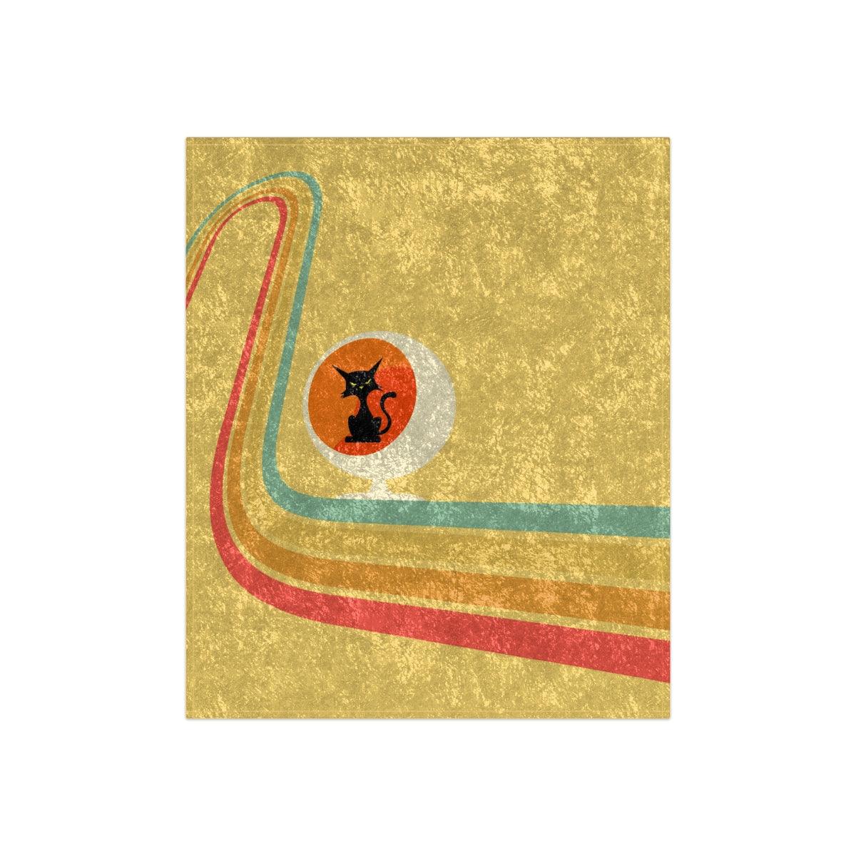 Retro Atomic Cat and Rainbow Wave Mid Century Mod Yellow Crushed Velvet Blanket | lovevisionkarma.com