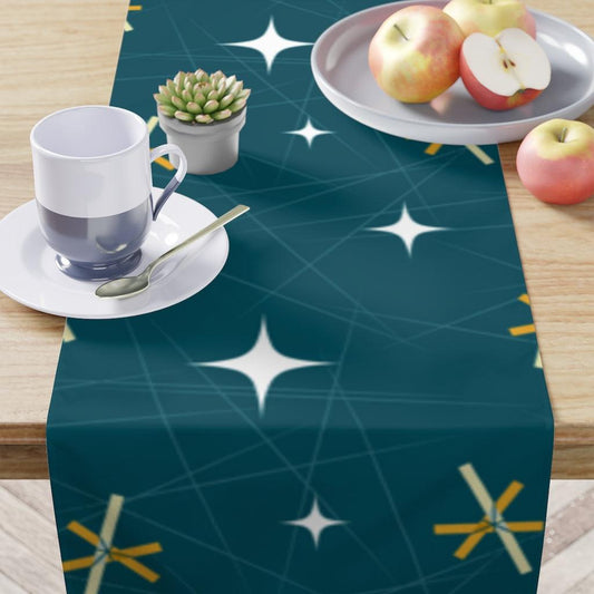 Mid Century Table Runner, Bursts and Stars Dark Blue Retro Table Linens | lovevisionkarma.com