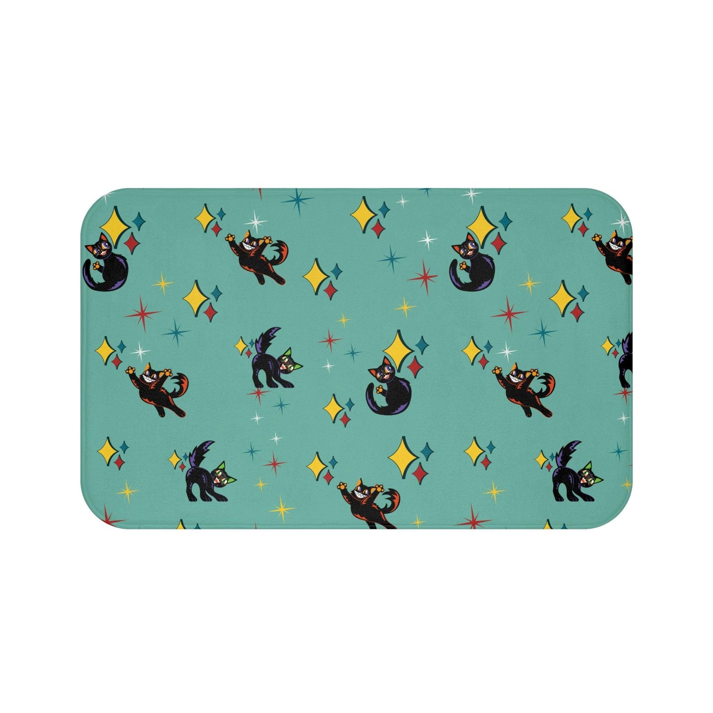 Retro Atomic Kitsch Cats Mid Century Mod Blue Bath Mat | lovevisionkarma.com