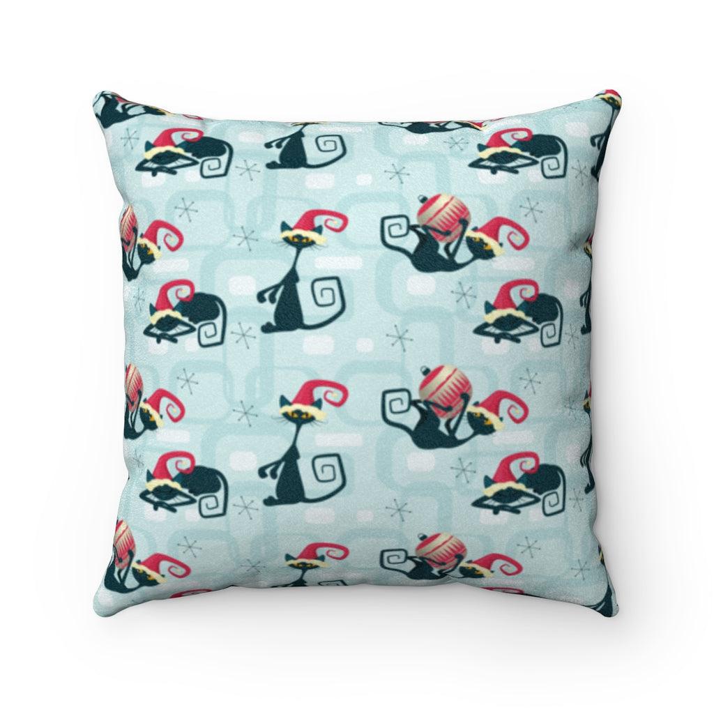Mid Century Cats Atomic Christmas Blue Pillow | lovevisionkarma.com