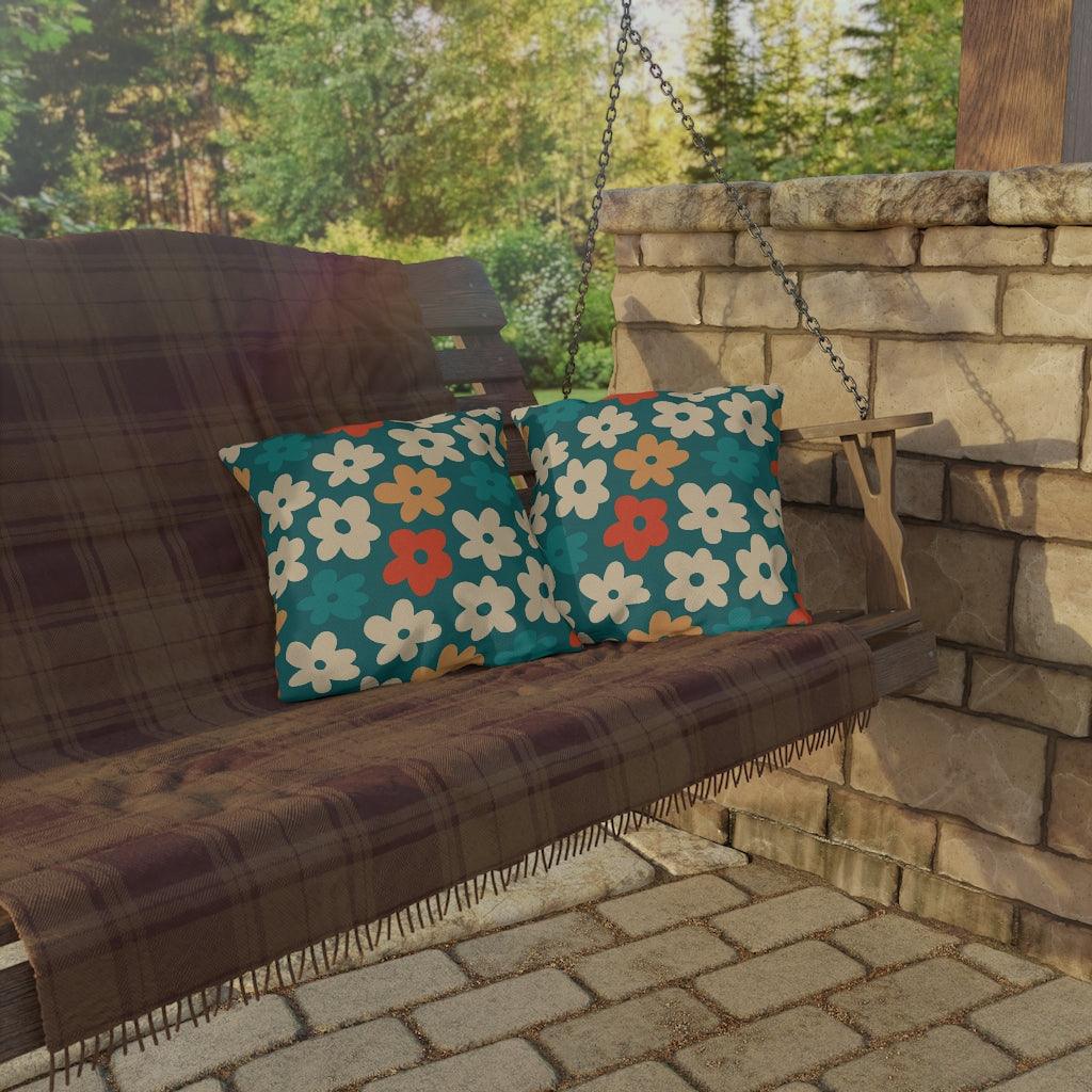 Boho Flowers Orange, Cream and Teal MCM Outdoor Pillow | lovevisionkarma.com