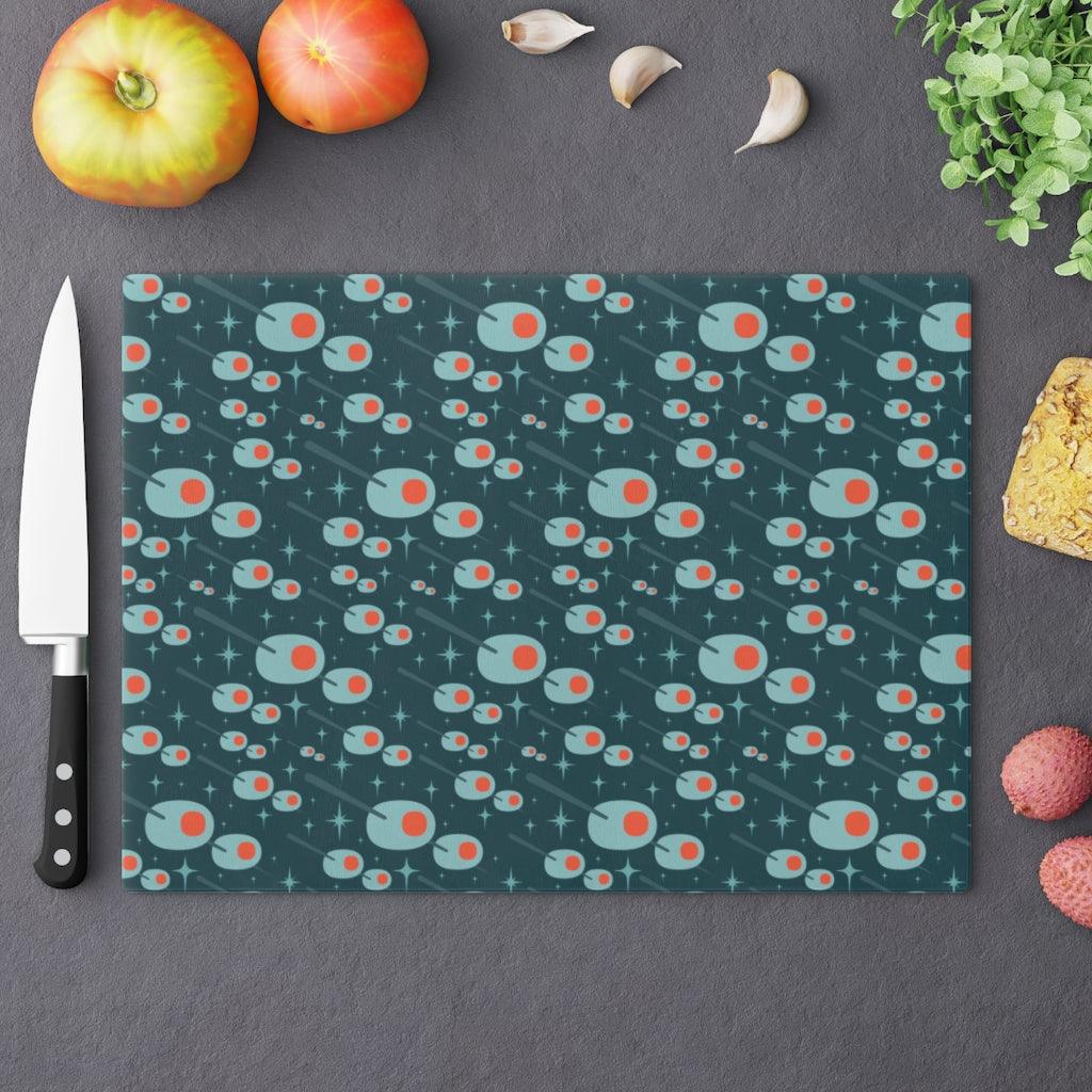 Atomic Olives Mid Century Modern Blue Glass Cutting Board | lovevisionkarma.com