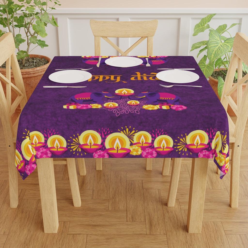 Diwali Home Decor, Diyas & Elephants Purple Tablecloth | lovevisionkarma.com