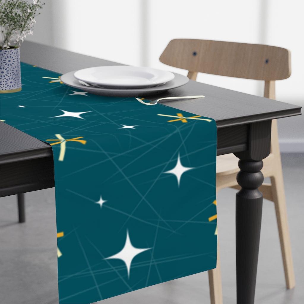 Mid Century Table Runner, Bursts and Stars Dark Blue Retro Table Linens | lovevisionkarma.com