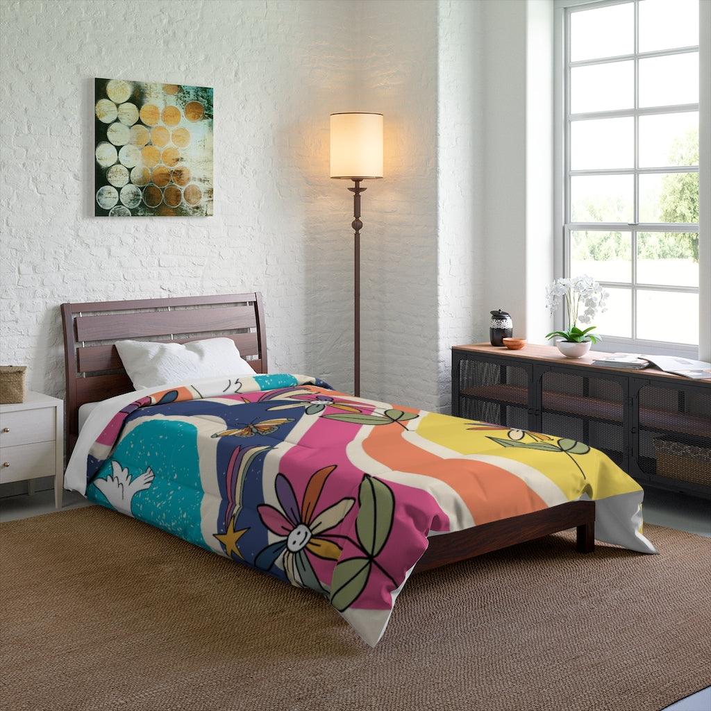 Groovy Hippie Flowers & Boho Mushrooms Colorful Comforter | lovevisionkarma.com