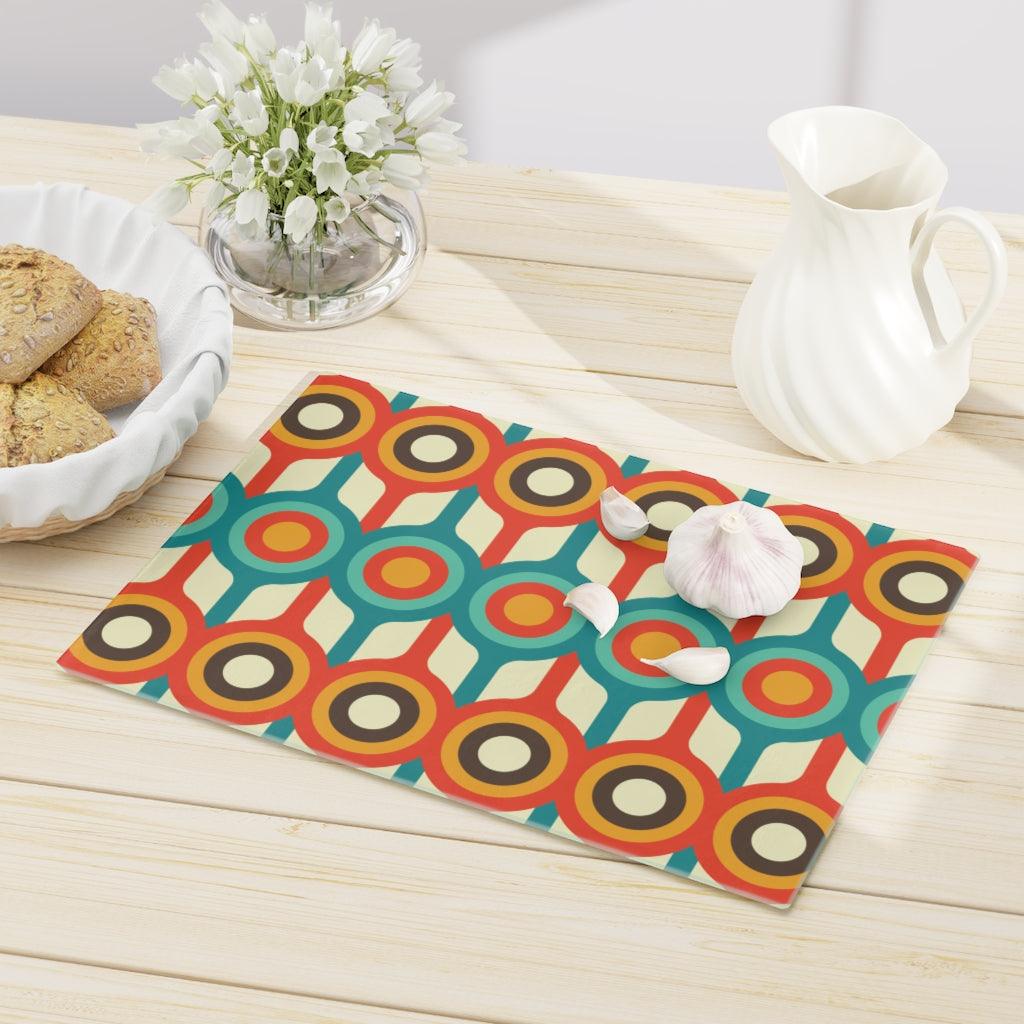 Mid Century Mod Retro Circles Multicolor Glass Cutting Board | lovevisionkarma.com