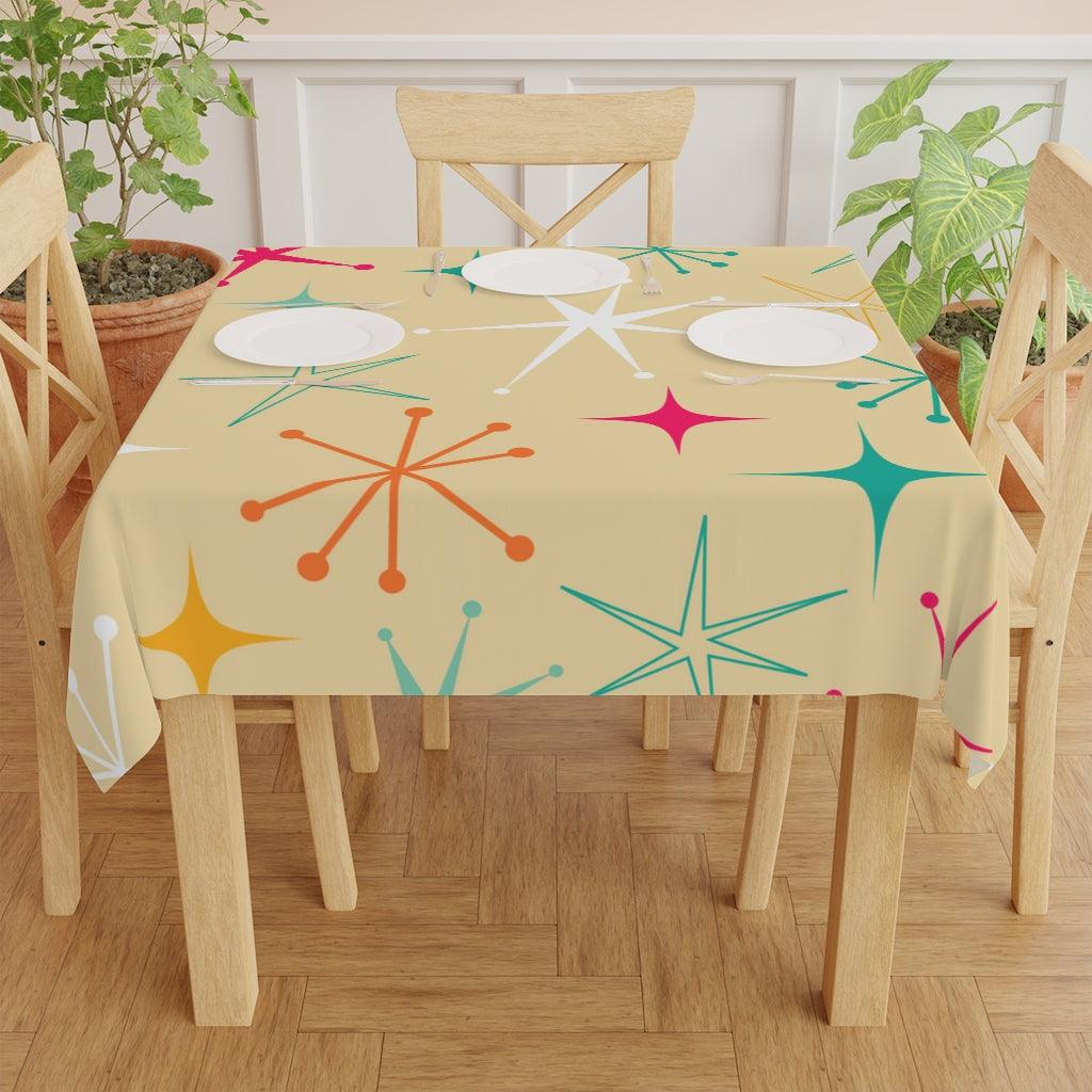 Retro Mid Century Starbursts on Cream Tablecloth | lovevisionkarma.com