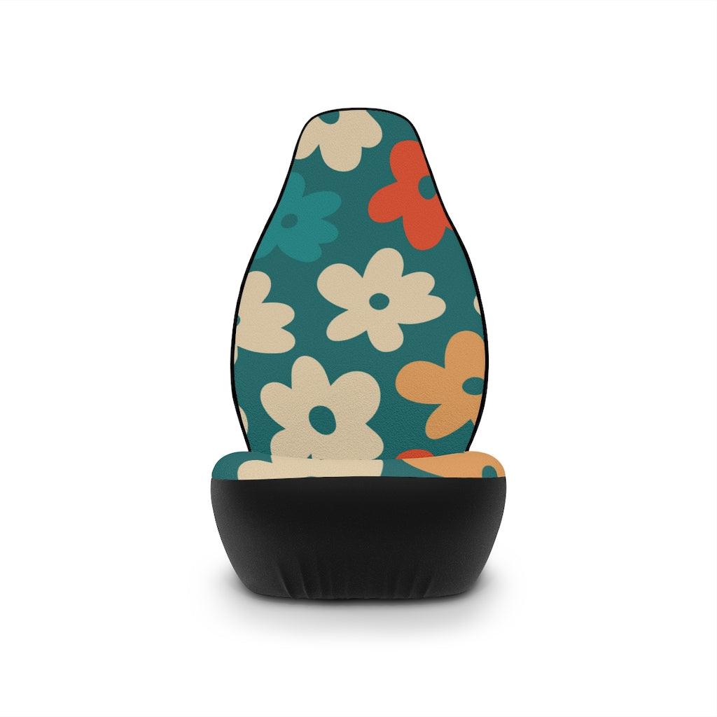 Retro Boho Flowers Teal, Orange & Yellow MCM Car Seat Covers | lovevisionkarma.com