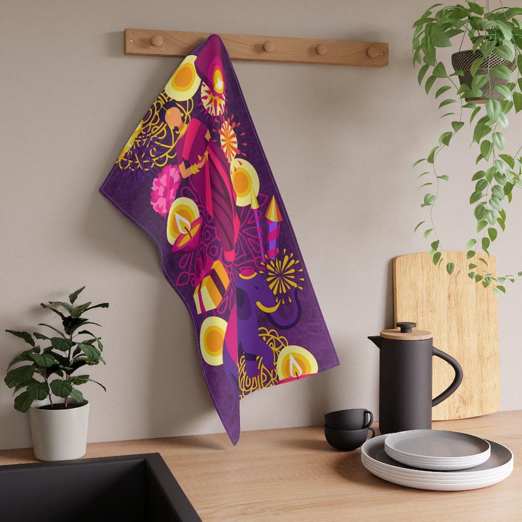 Diwali Festive Kitchen Decor Pink & Purple Tea Towel | lovevisionkarma.com