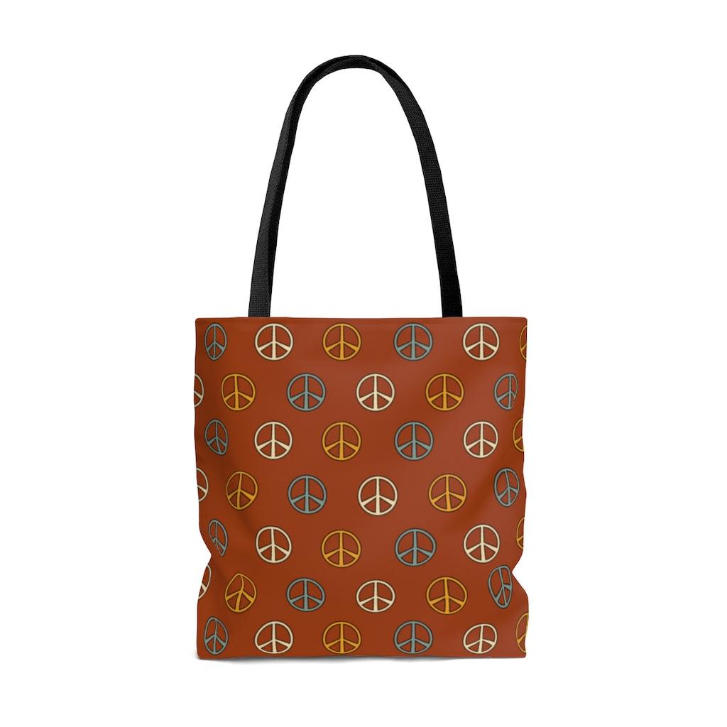 Boho Peace Sign Rust Color Hippie MCM Tote Bag | lovevisionkarma.com