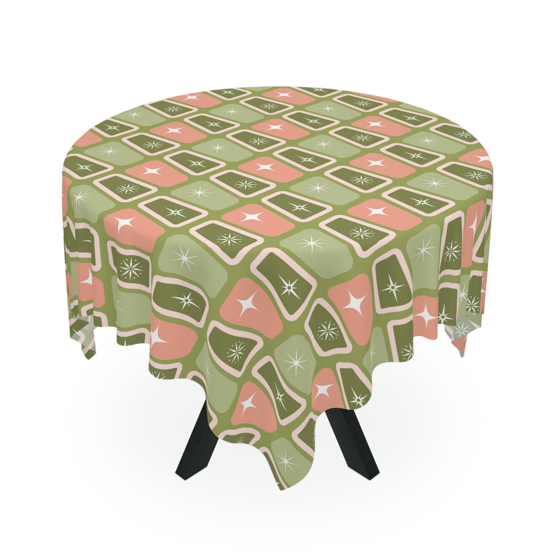 Retro 50s Atomic Age Starburst Mid Century Pink and Green Tablecloth | lovevisionkarma.com