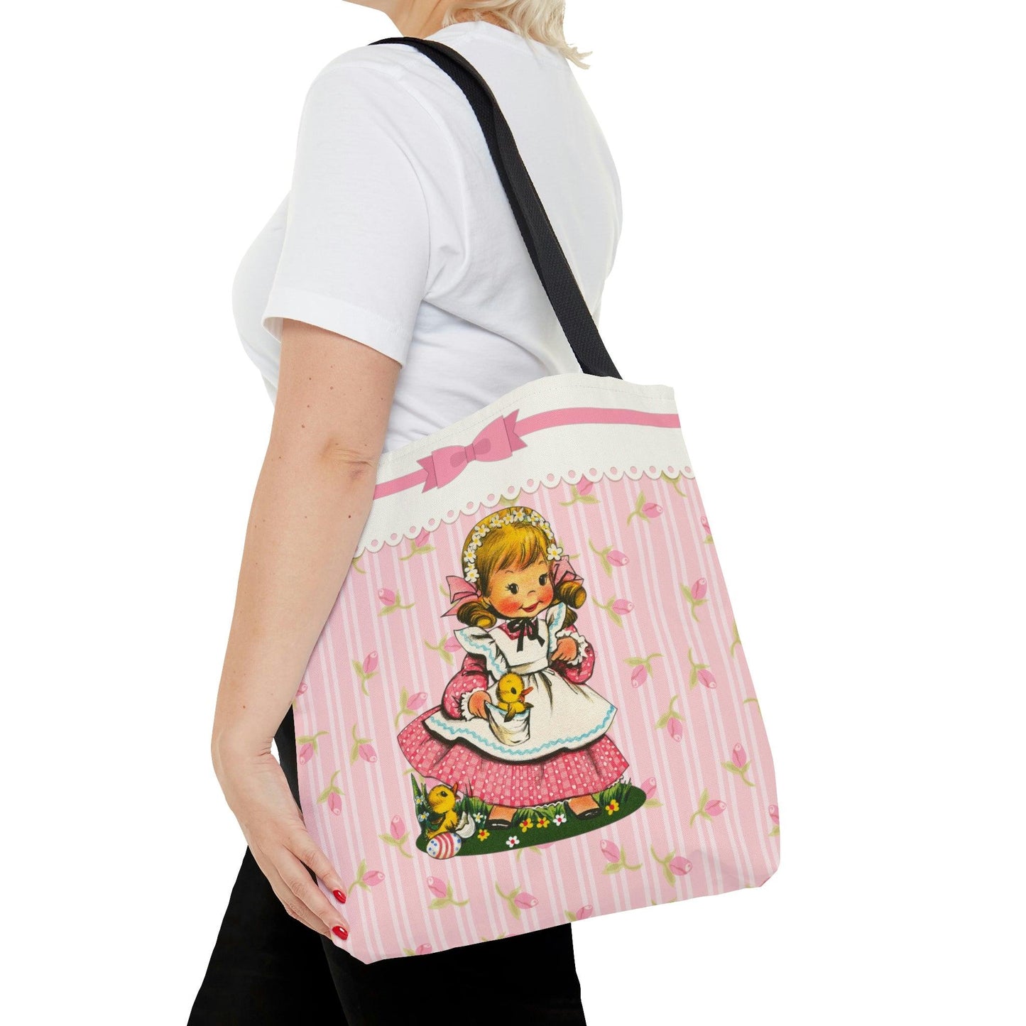 Vintage Kitsch Girl with Chicks MCM Easter Pink Tote Bag | lovevisionkarma.com