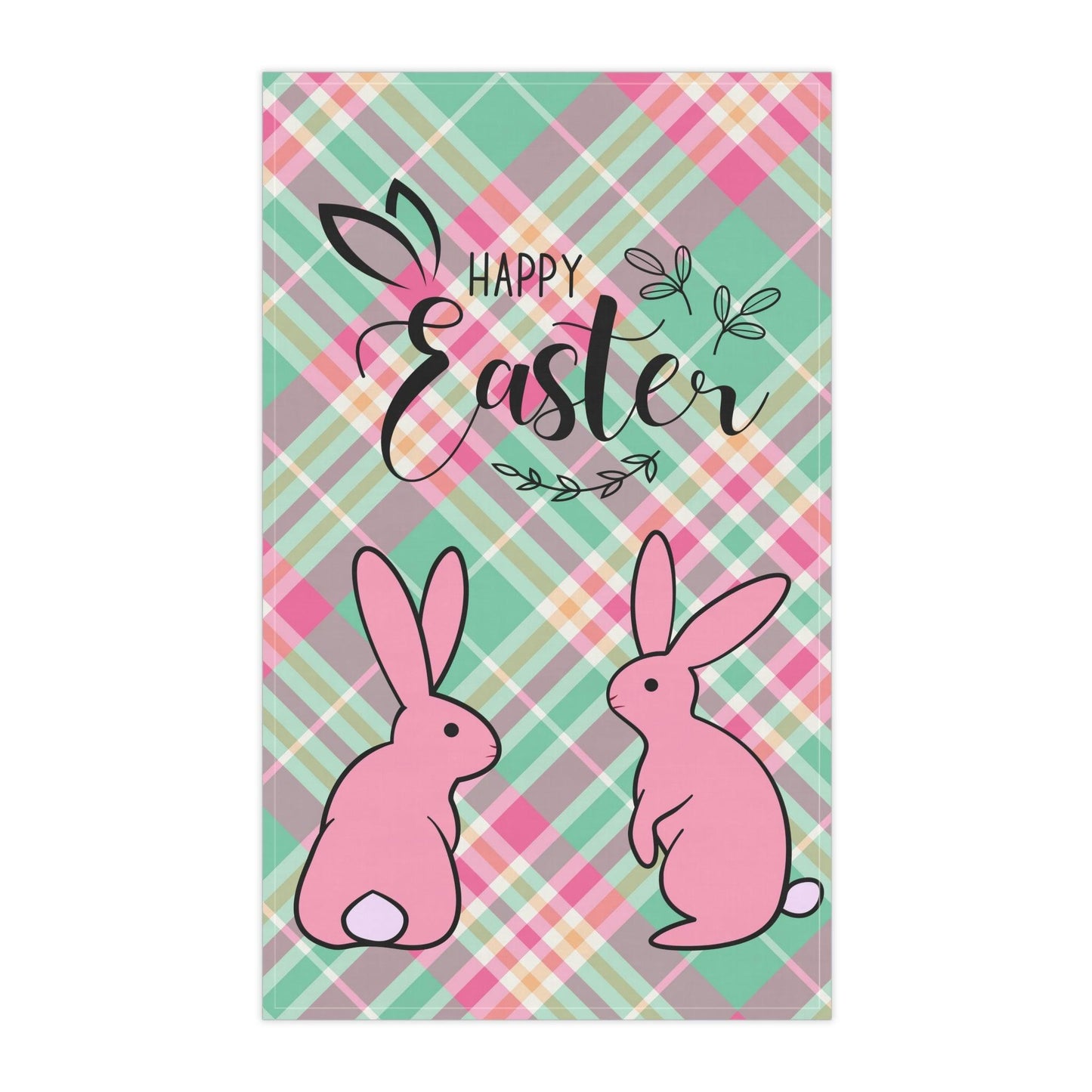 Happy Easter Pink Bunnies & Pastel Plaid Kitchen Tea Towel | lovevisionkarma.com