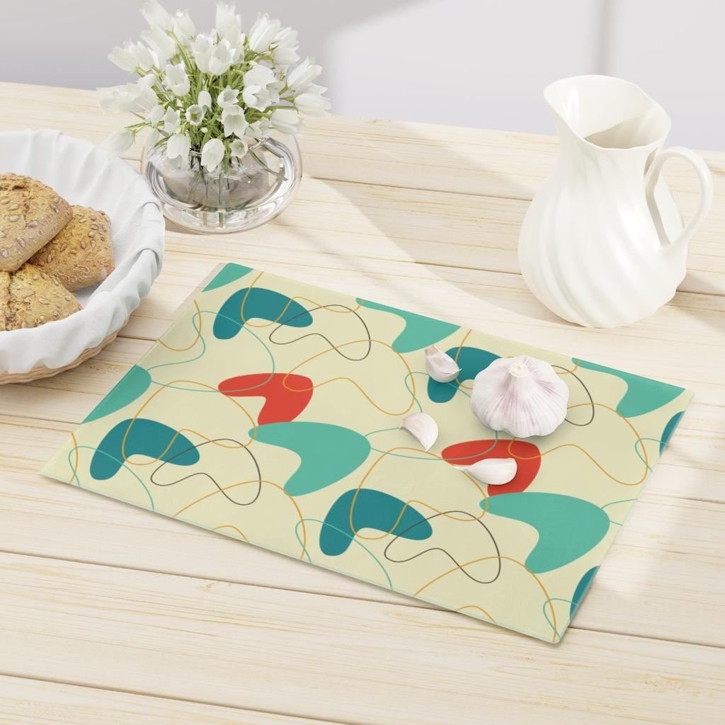 Mid Century Atomic Boomerang Blue/Cream Glass Cutting Board | lovevisionkarma.com