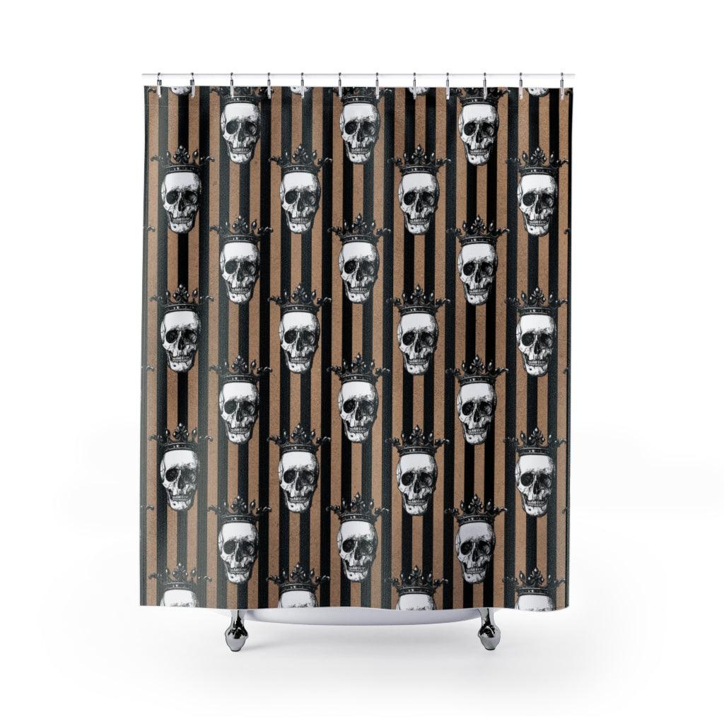 Crowned Skulls Halloween And Glam Goth, Tan and Black Striped Shower Curtain | lovevisionkarma.com