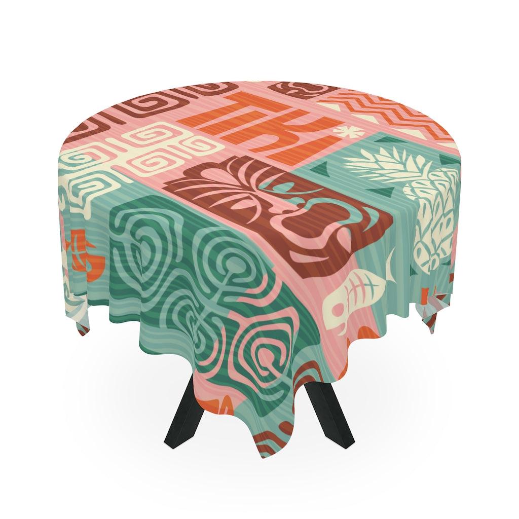 Mid Century Mod Retro Tiki Green and Pink Tablecloth | lovevisionkarma.com