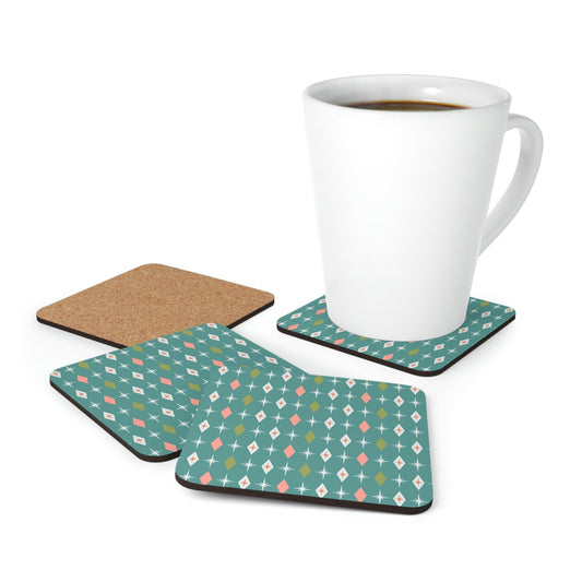 Retro 50s Mid Century Bursts and Diamonds Teal & Pink Coaster Set | lovevisionkarma.com