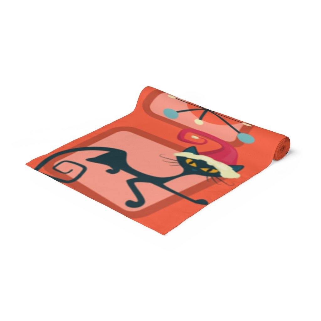 Christmas Cat Mid Century Mod Table Runner, Red Retro Table Linens | lovevisionkarma.com