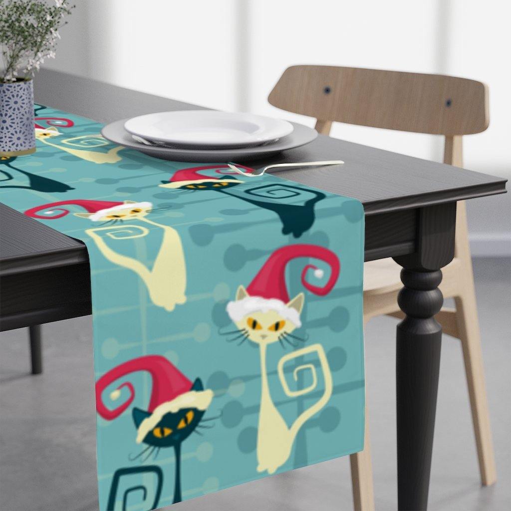 Christmas Atomic Cat Mid Century Modern Table Runner Blue Retro Table Linens | lovevisionkarma.com