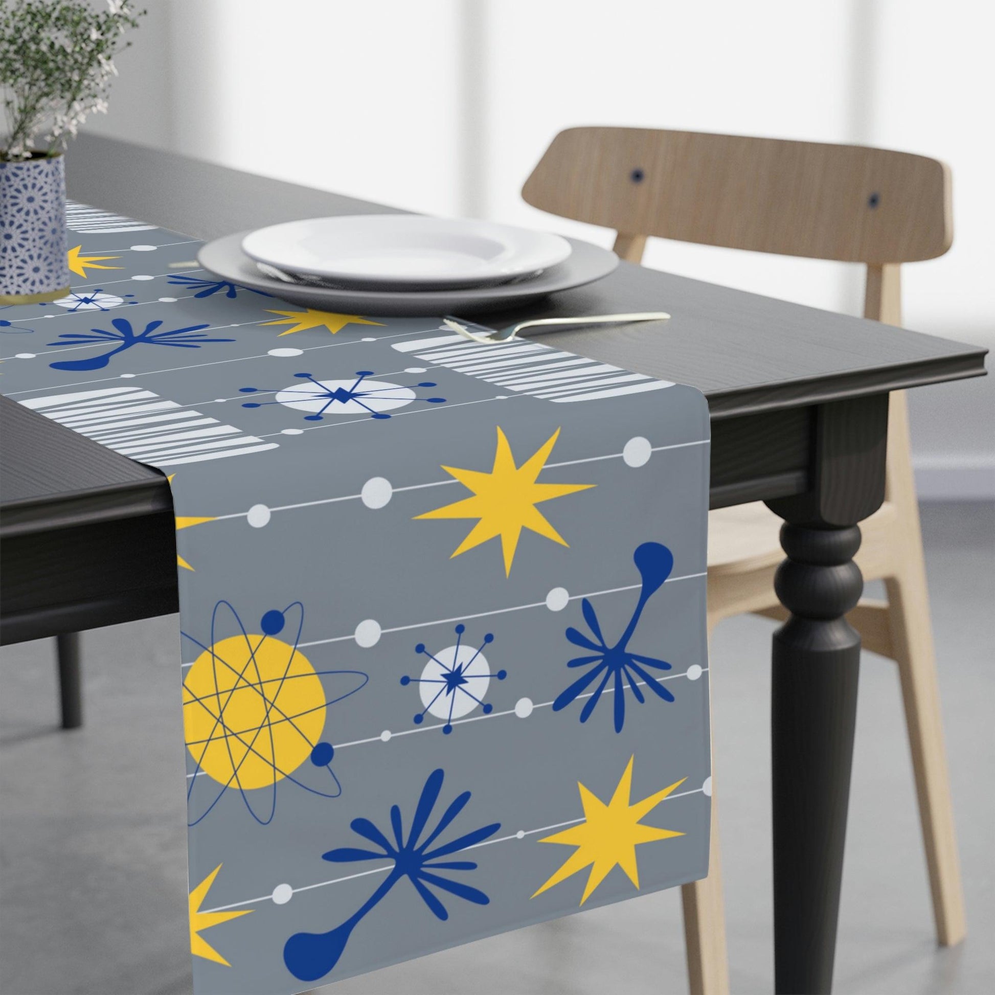 Retro Atomic Space Age Mid Century Blue, Gray & Yellow Table Runner | lovevisionkarma.com
